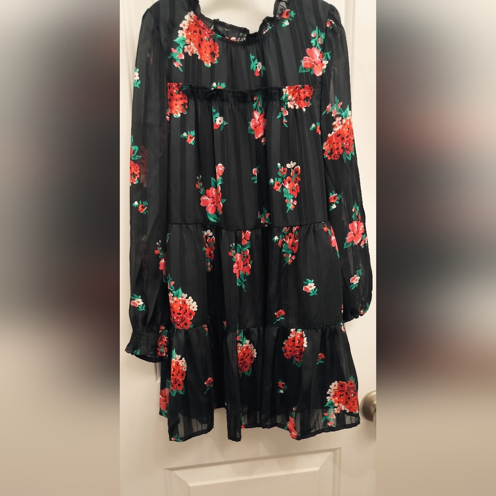 Girls Floral Black Long Sleeve Dress